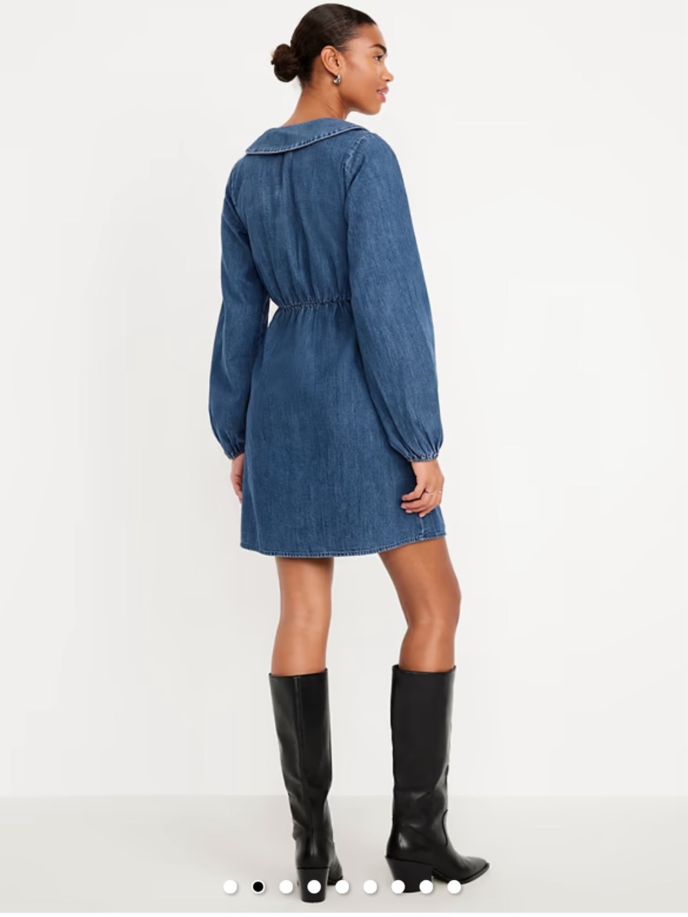 Long-Sleeve Fit & Flare Collared Jean Mini Dress - Picture 3 of 8